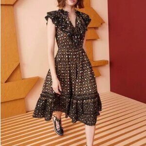 NWOT ULLA JOHNSON Yvette Ruffle Poplin Midi Dress in Lune XS $625